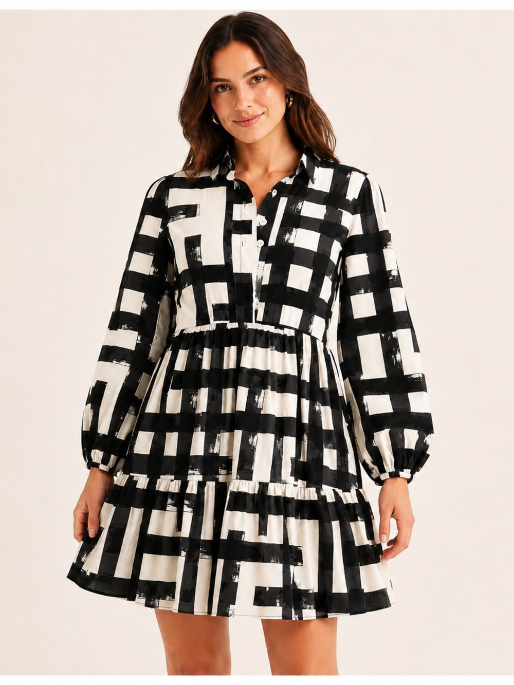 Anthropologie Maeve XS Tiered Mini Dress Black White Abstract Geometric Cotton